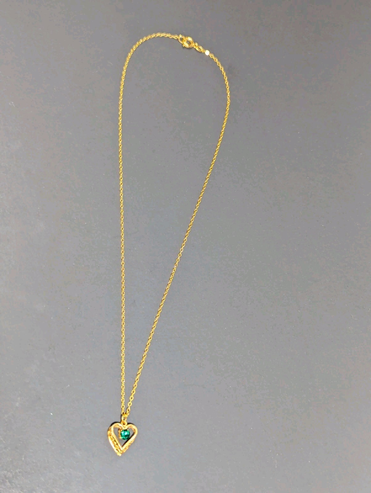 Vintage Gold Filled Chain Necklace 16″ Emerald Filigree Heart Pendant May