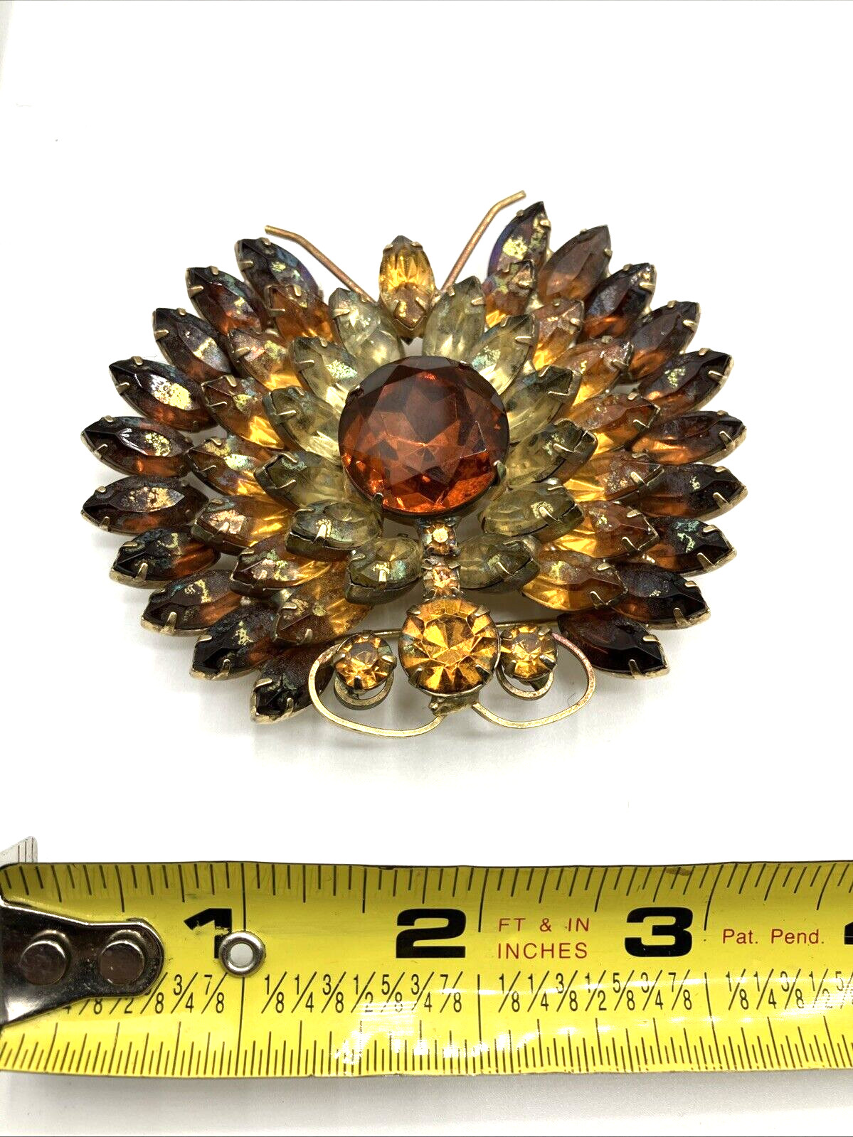 Vintage XL Butterfly Cluster Brooch Pin 40s Rootbeer Crystal Statement