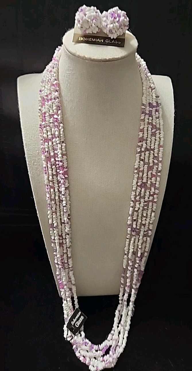 Bohemian Glass Vintage Necklace & Pierced Earring Set White/Purple/Pink 80s-90’s