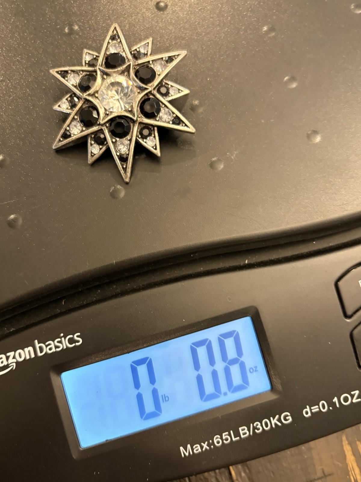 Vintage Silver Tone Starburst Brooch Pin Black Clear Rhinestones Victorian Goth