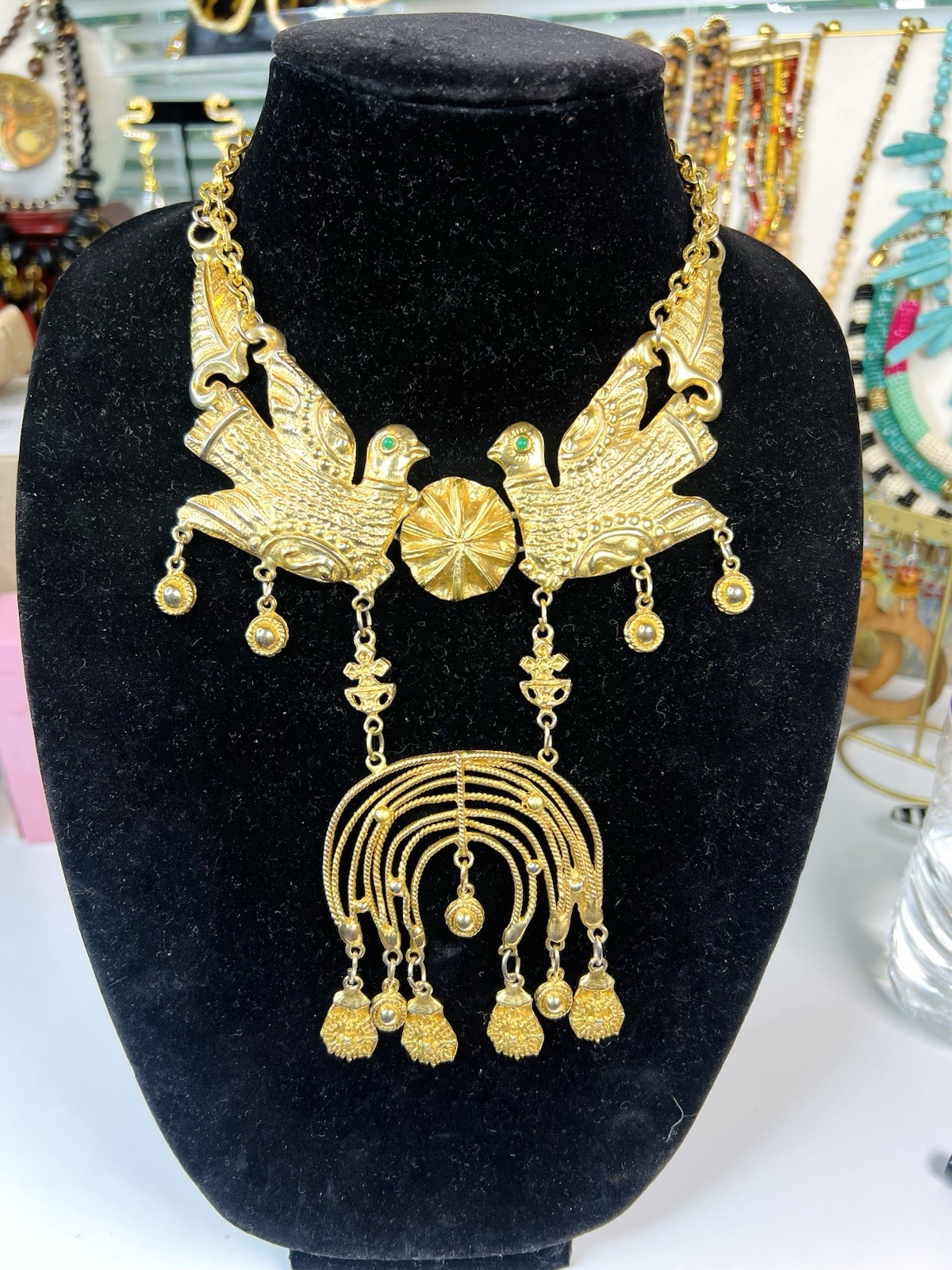 Vintage Cadoro Signed Gold Tone Bird Runway Statement Necklace Rare 16”