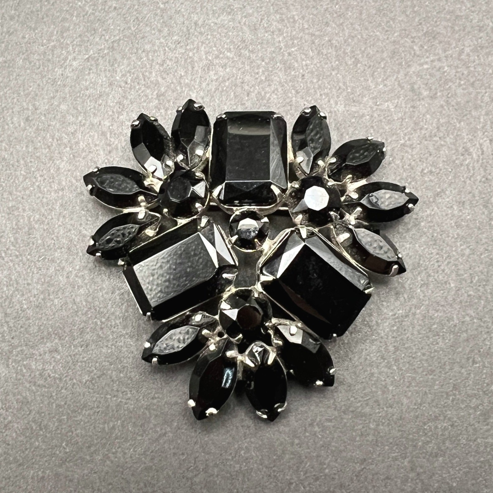 Vintage Black Rhinestone Cluster Brooch Marquise Emerald Cut Domed Prong Set