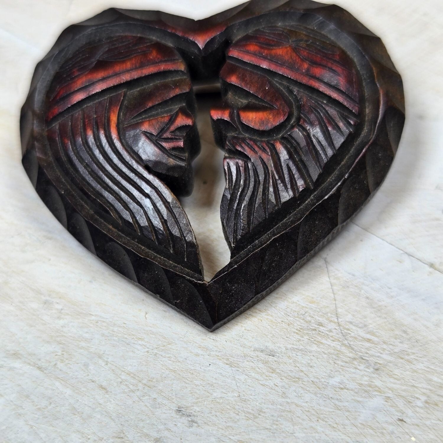 Vtg Hokkaido Wood Carved Heart brooch Artist signed Rare Jewelry dated 1965