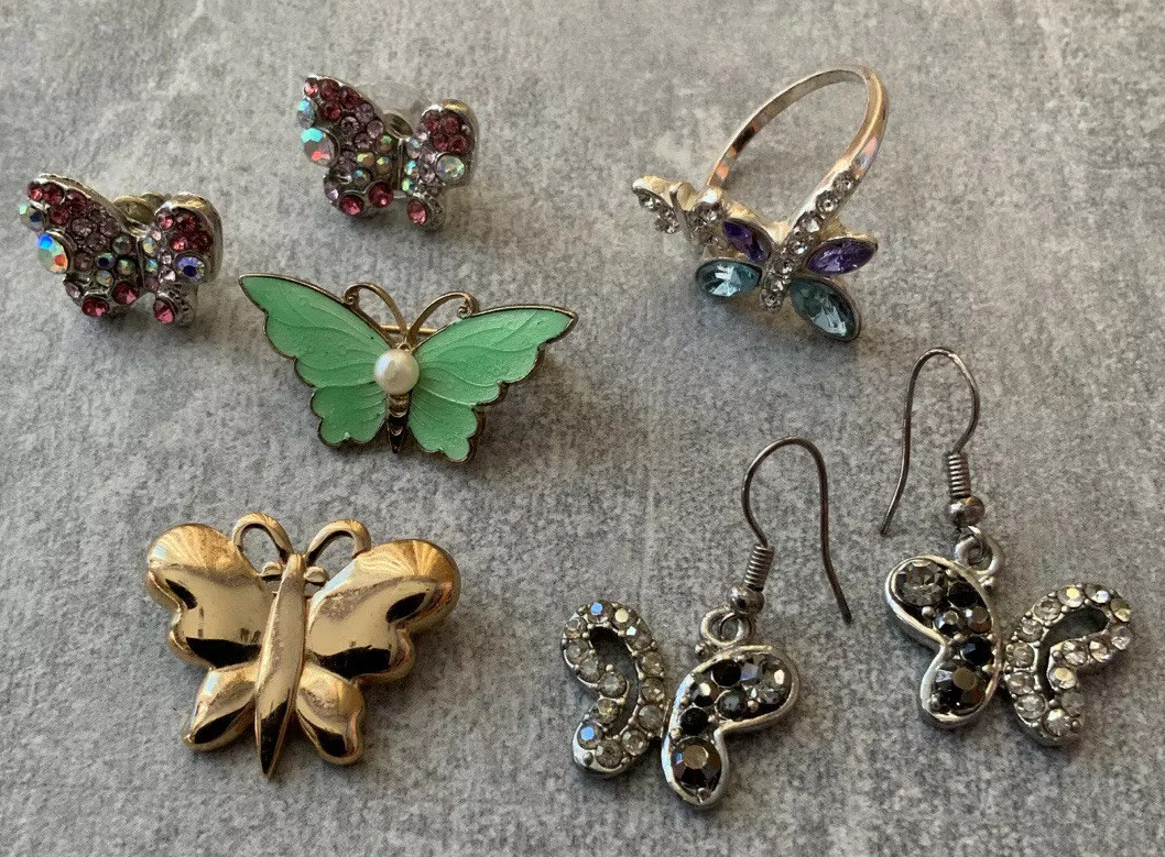 BEAUTIFUL BUTTERFLY THEMED LOT EARRINGS BROOCHES PINS RING RHINESTONES ENAMEL