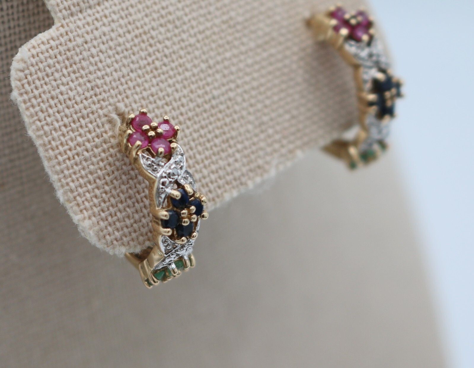 VTG Ross Simons Sterling Silver 925 Vermeil Ruby Sapphire Emerald Hoop Earrings