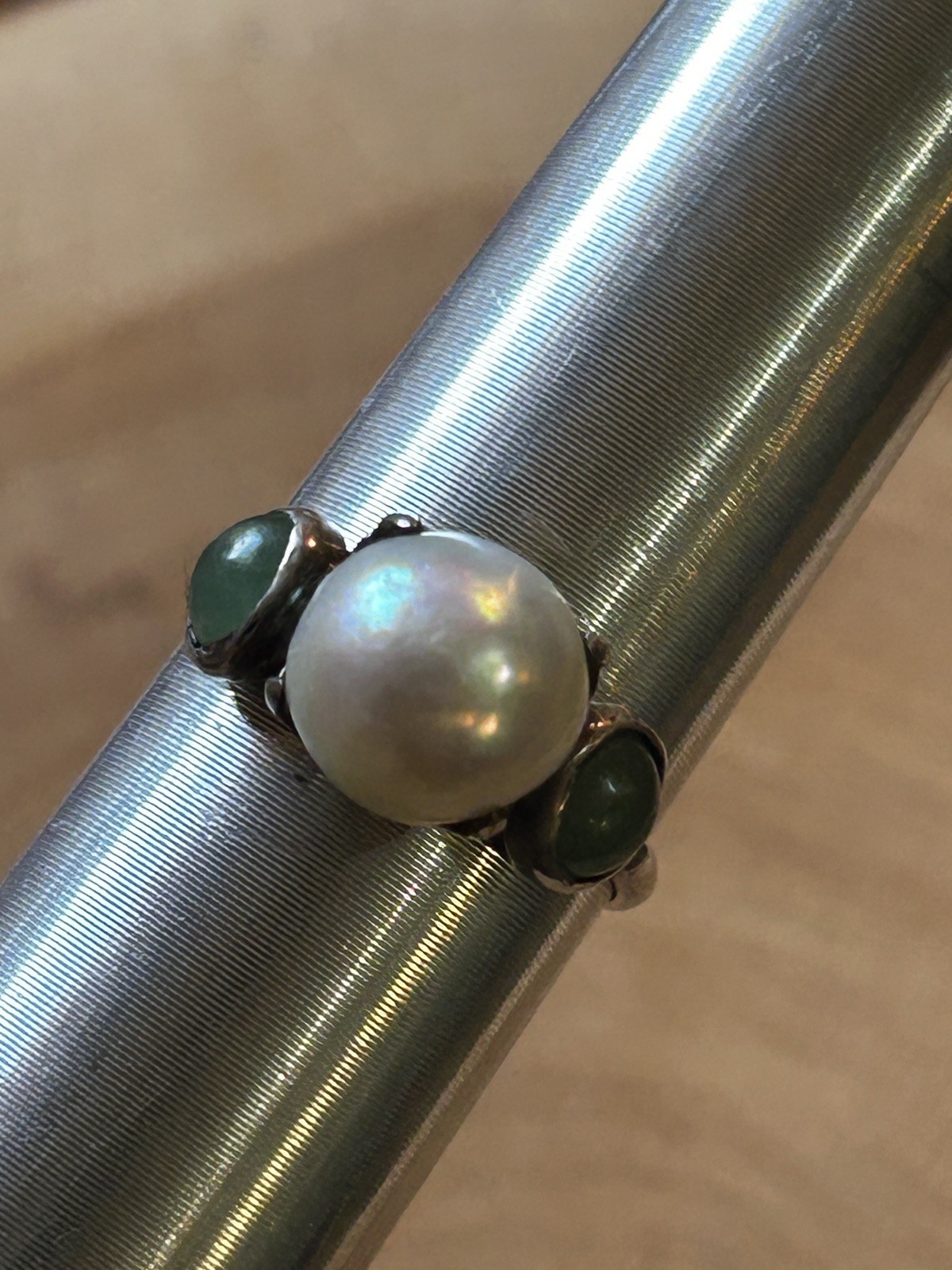 Antique Sterling Silver Pearl Ring with Natural green side stones