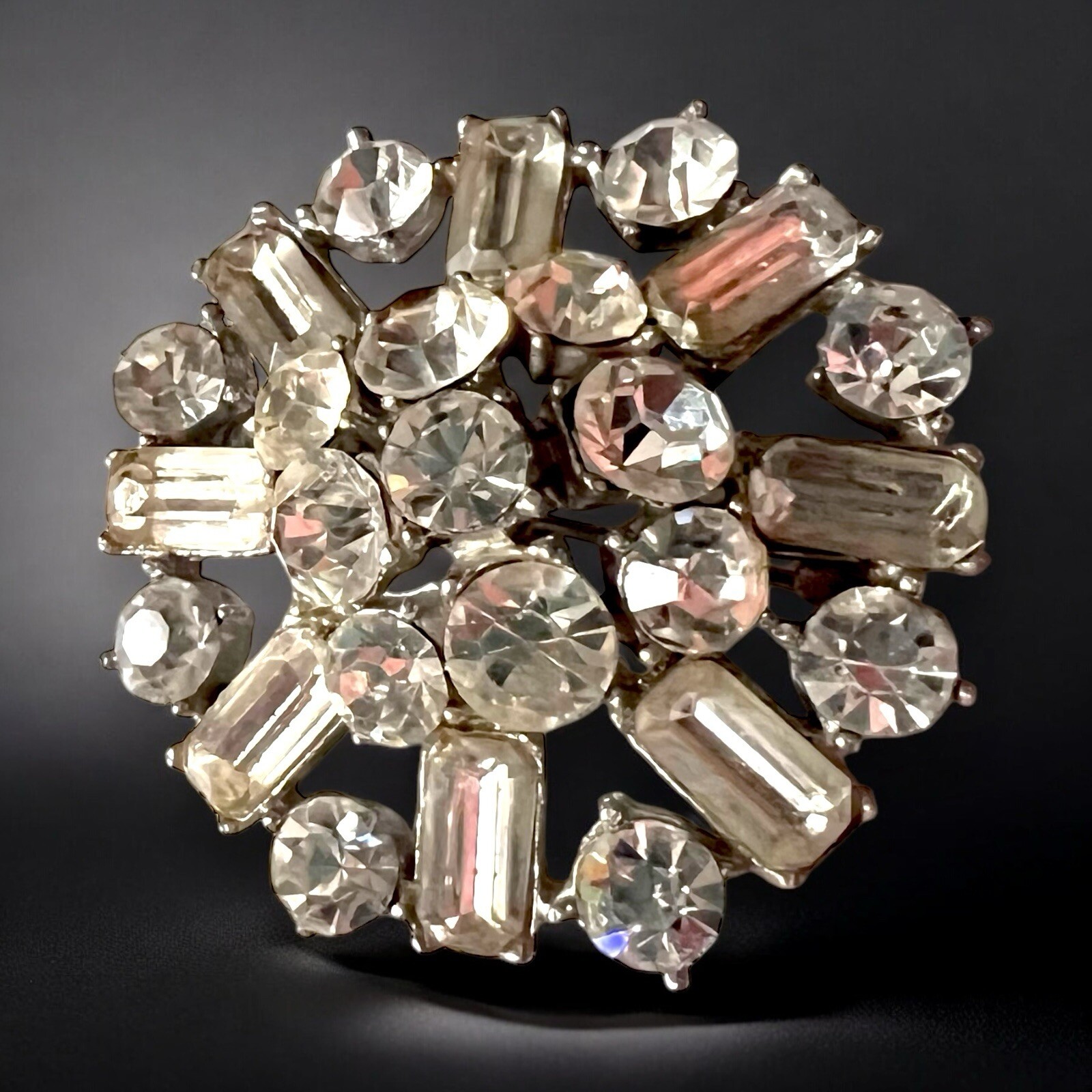Large Starburst Rhinestone Brooch Vintage Atomic Domed Baguette Pin Vintage