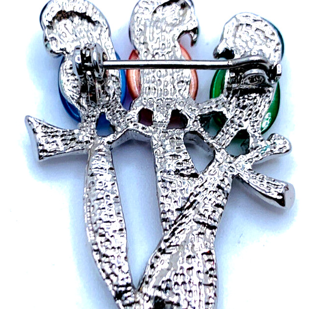 Unsigned Vintage Gold Tone 3 Jelly Belly Parrots/Birds Green Red Blue Brooch Pin
