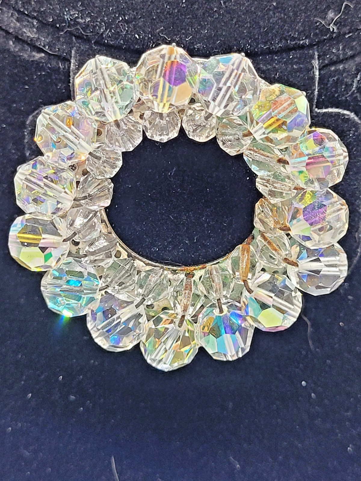 Sparkling Vintage Brooch Aurora Borealis Oval Beaded Glass Rhinestone 1950s