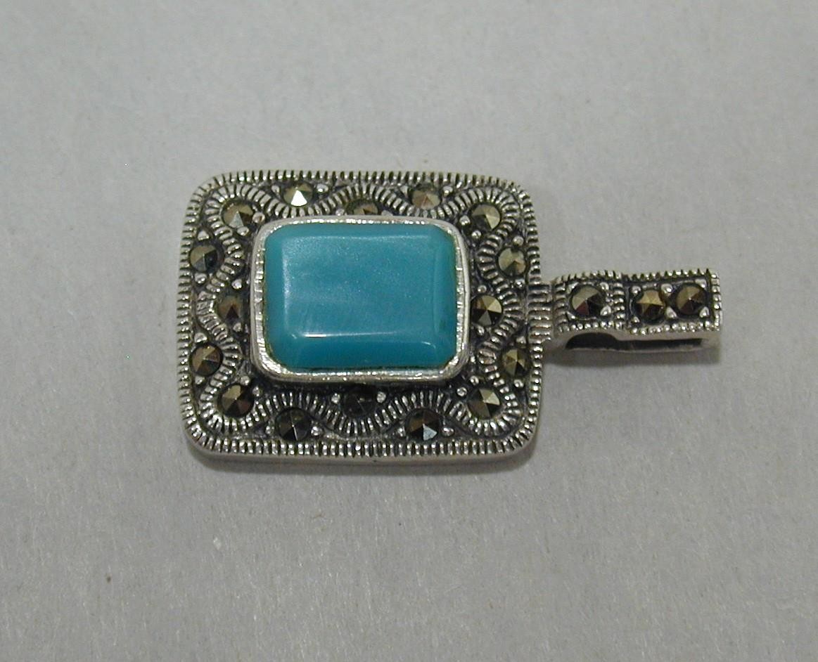 Vintage CW Charles Winston Sterling Turquoise & Marcasite Pendant 925 Silver
