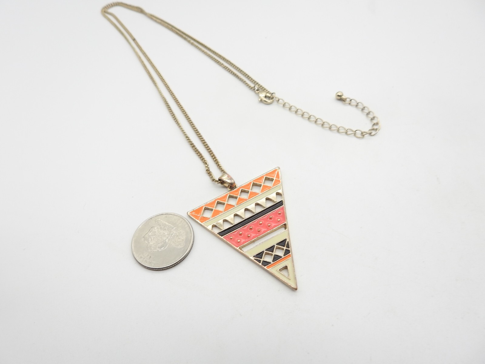 Orange Pink Black Cream Enamel Gold Tone Triangle Pendant Chain Necklace Vintage