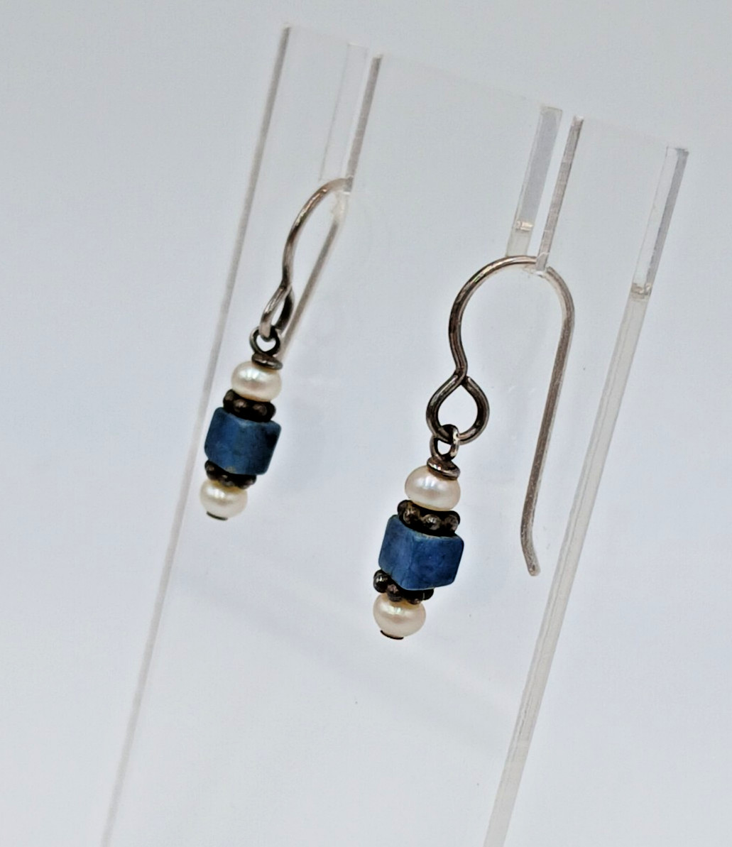 VTG Beaded Dangle Earrings 1in Drop Blue Stone Seed Pearl Silver Tone Estate