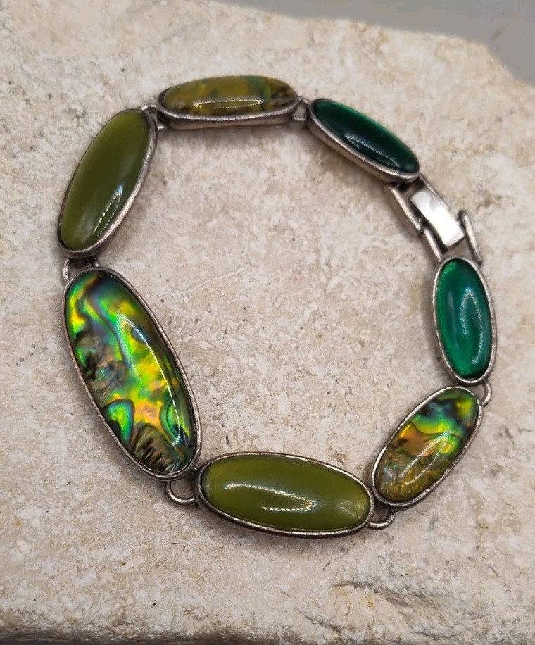 Vintage Silver Plated Abalone Shell Stone Bracelet 7″