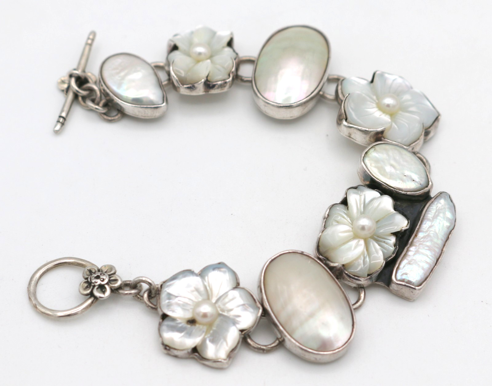 AKR Amy Kahn Russell Sterling Silver 925 Carved MOP Flowers Bracelet 7.5”