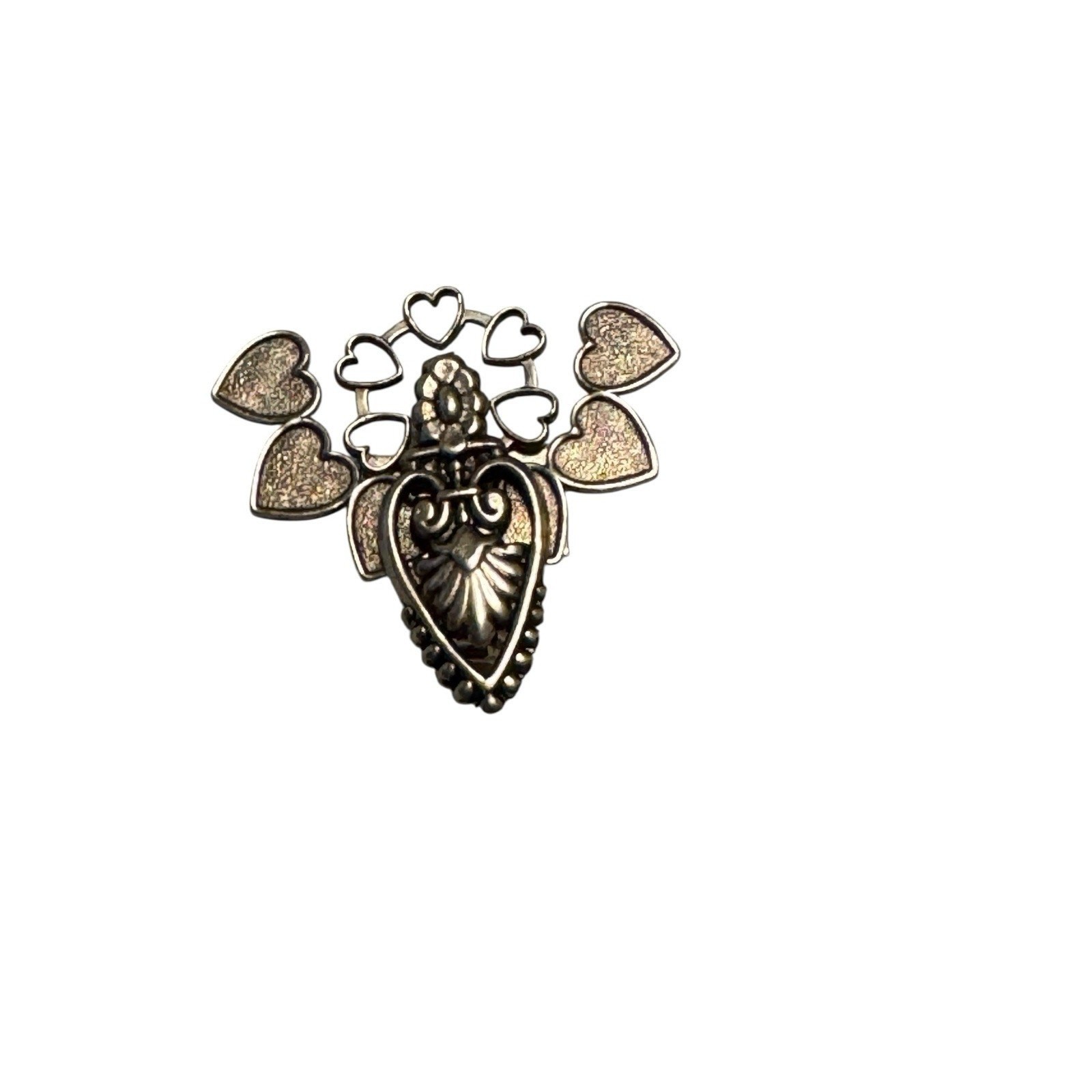 Milagro Sacred Heart Brooch Pin Flower and Hearts Openwork Lightweight Costume