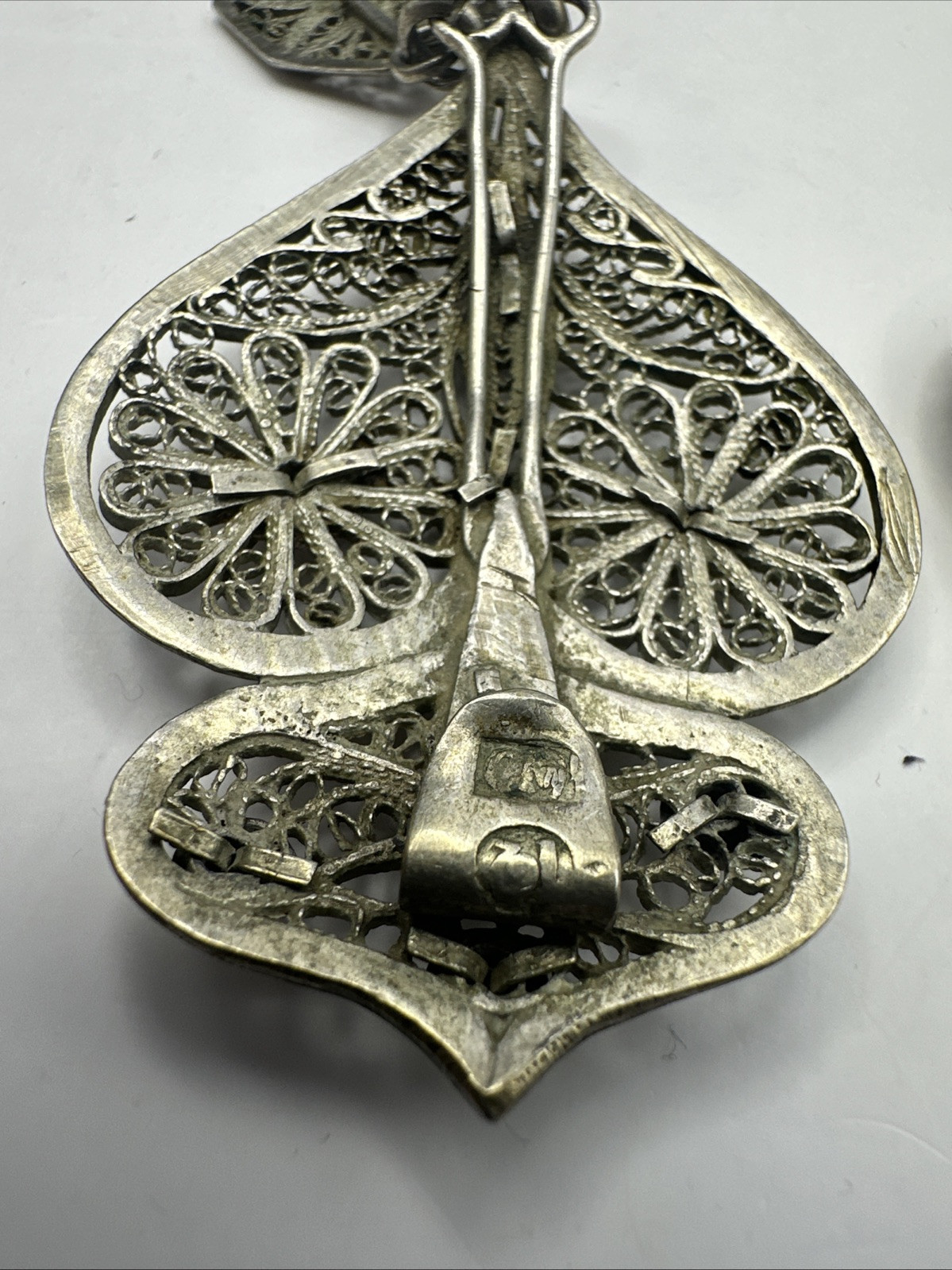 Antique 800 Silver Filigree Necklace Hearts Flowers Front Close English Hallmark