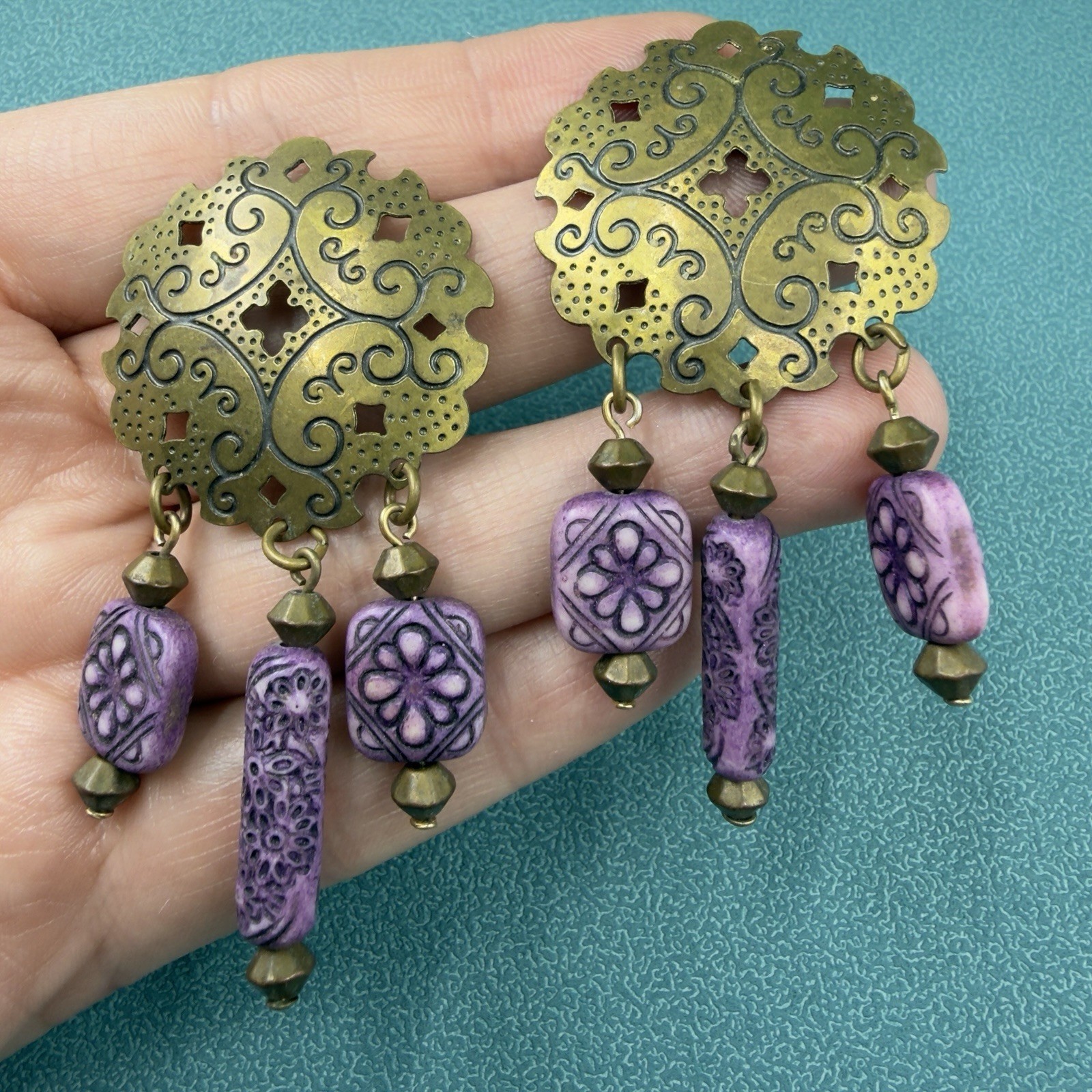 Vintage SIGNED JUN ✨ Boho Dangle Purple Brass Beaded Southwestern Gypsy EARRINGS