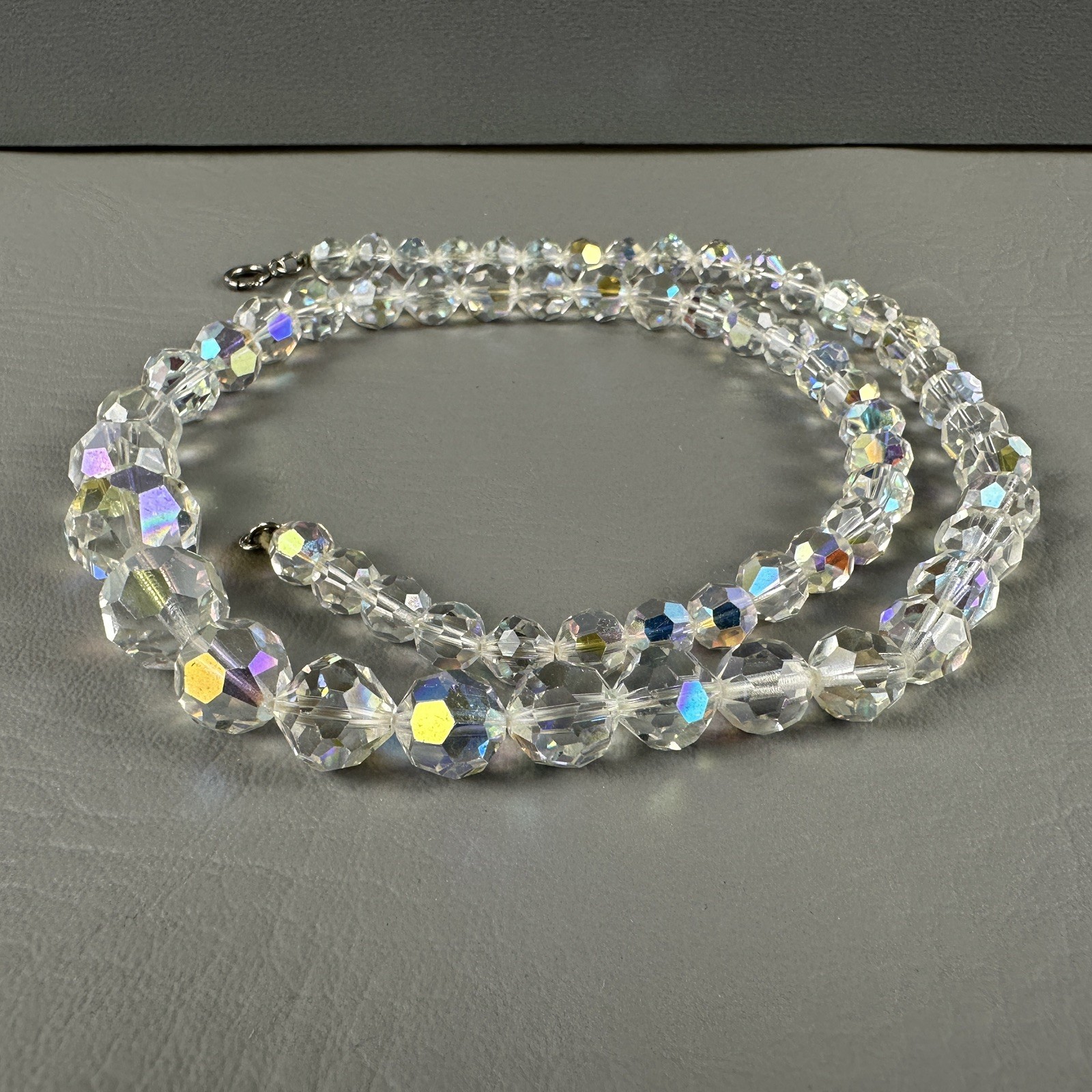 Vintage Aurora Borealis Crystal Bead Necklace Faceted Graduated 24 Inch