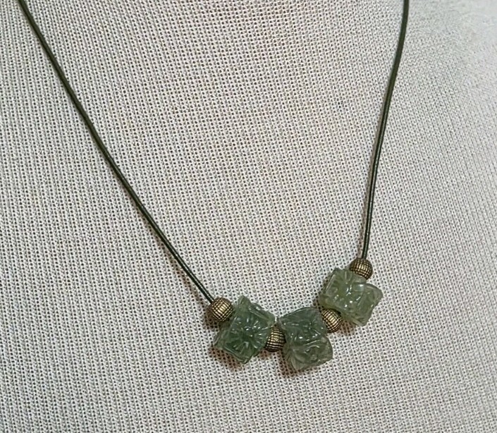 Hand Crafted Jade Carved Flower Bead Necklace On Leather Cord 18″