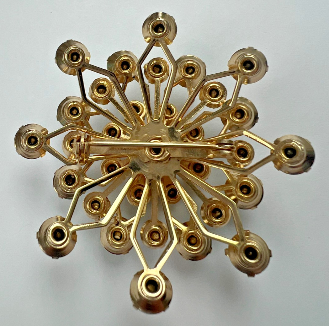 Vintage 1960s Aqua Blue Rhinestone Starburst Brooch Gold Tone Unworn Pin 2″