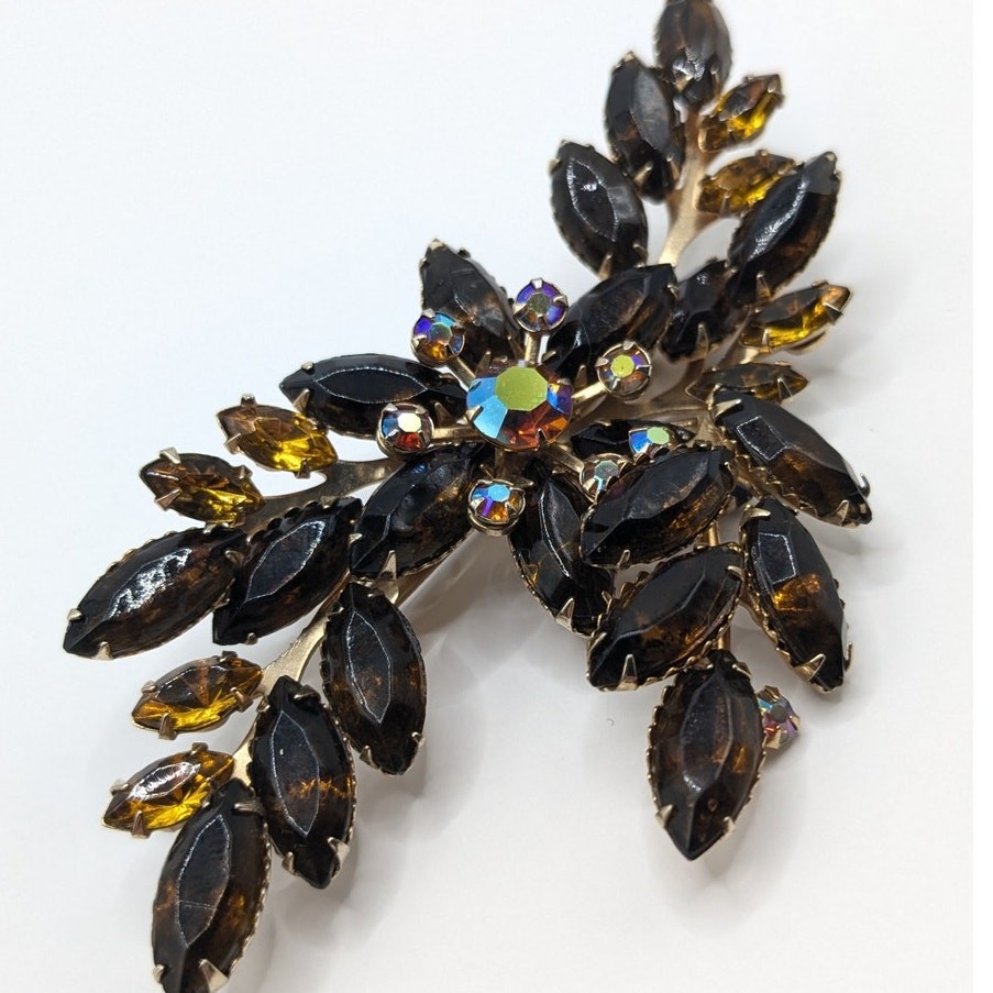Vintage Large Amber and Yellow AB Glass Rhinestone Gold Tone Flower Brooch 4in