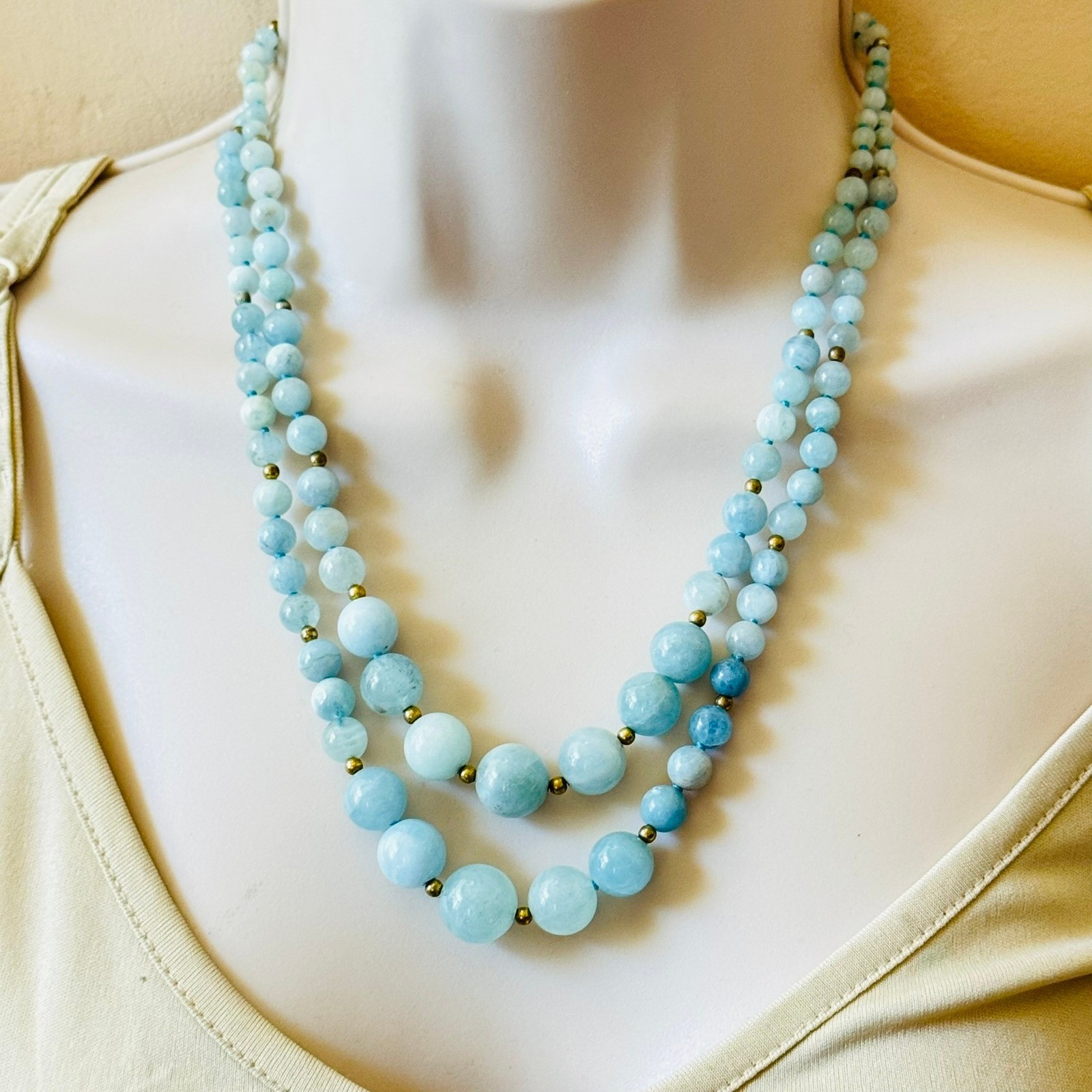 VTG AquaMarine Double strand Necklace Collar Beaded Round genuine Natural 19″