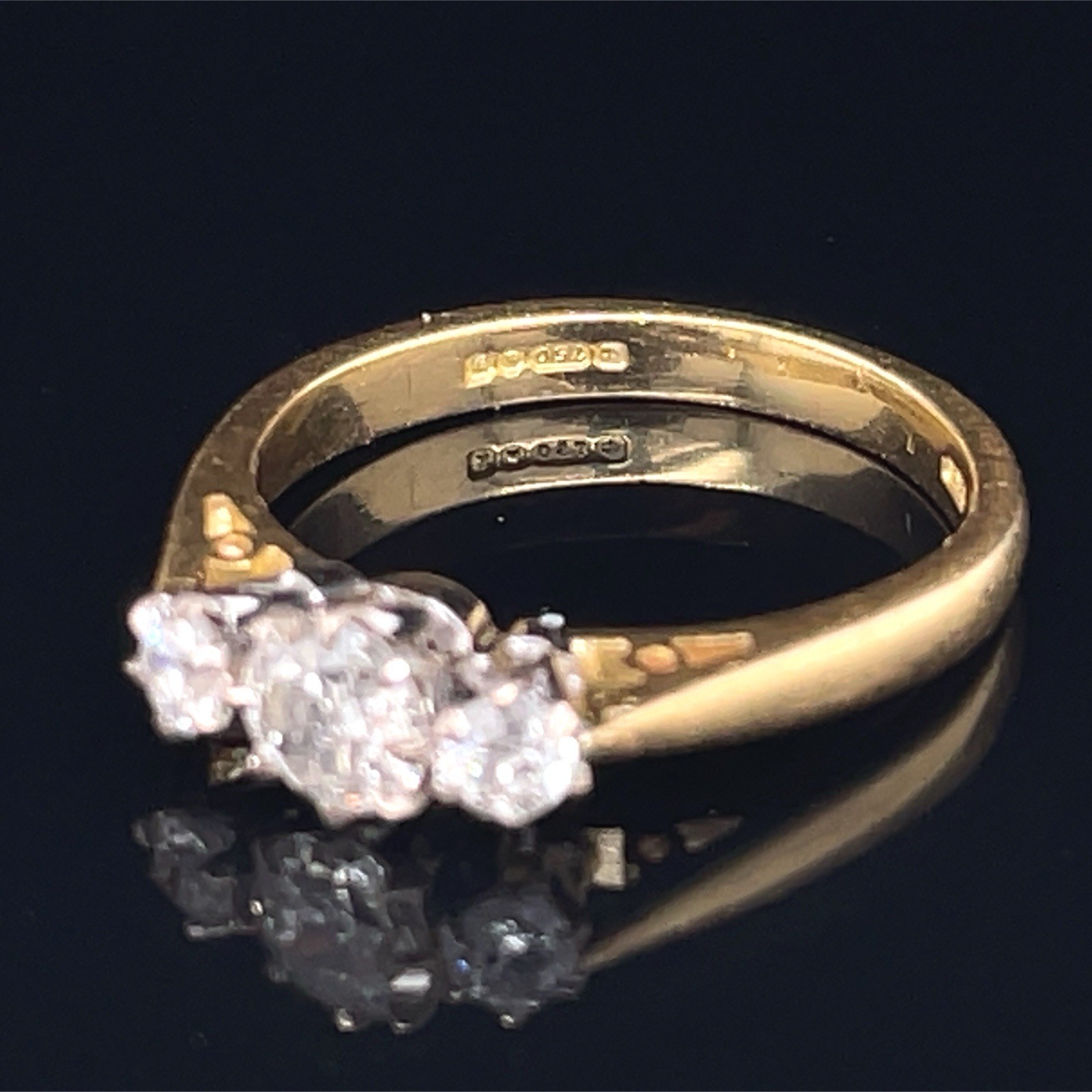 Vintage 3 Stone Old European Cut Diamond Ring 18K Gold English