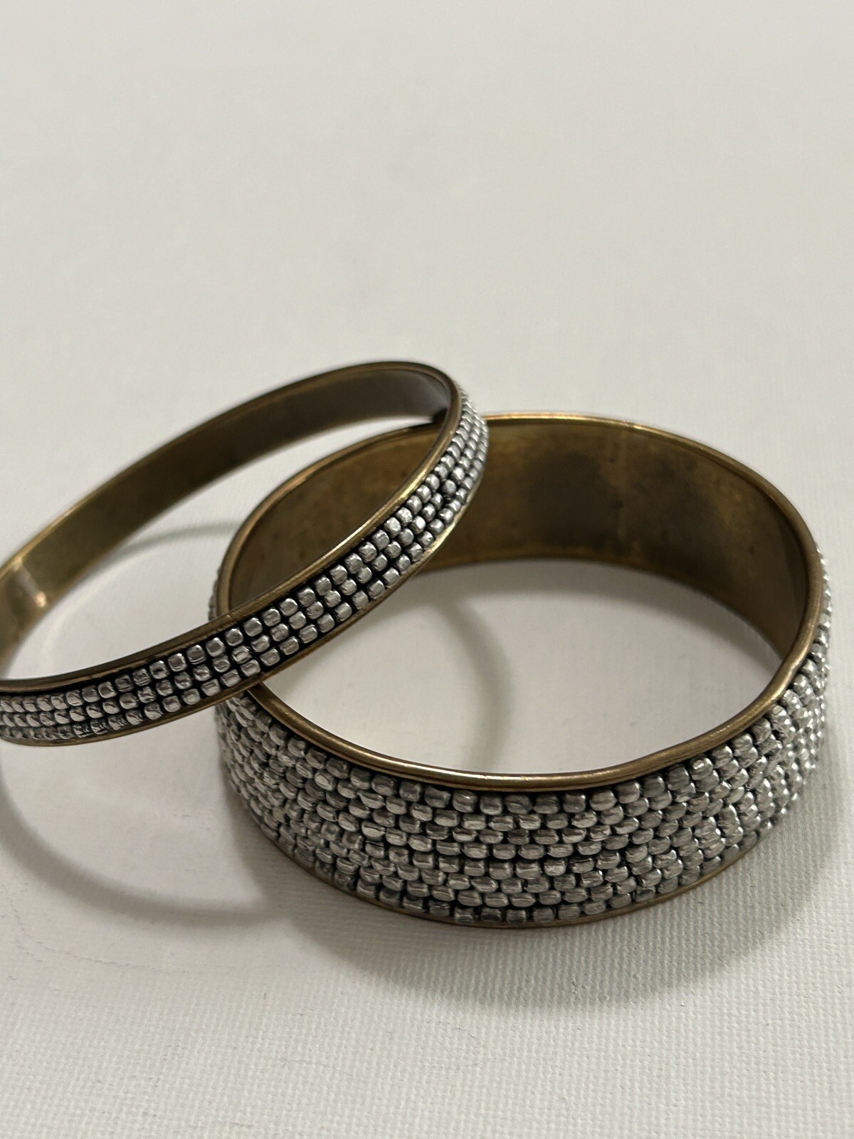 Vintage Silver Tone Metal Beaded Brass Bangle Set Of Two