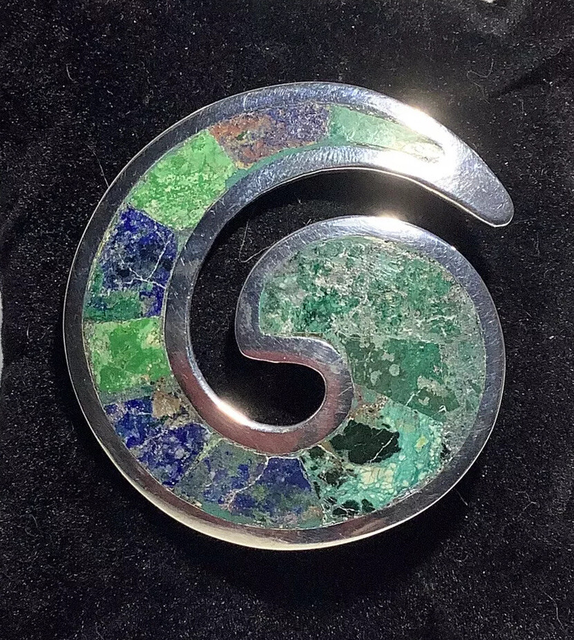 Modernist LOS CASTILLO Handmade 925 Ster Azurite Mosaic Aztec Swirl Brooch 10.5g