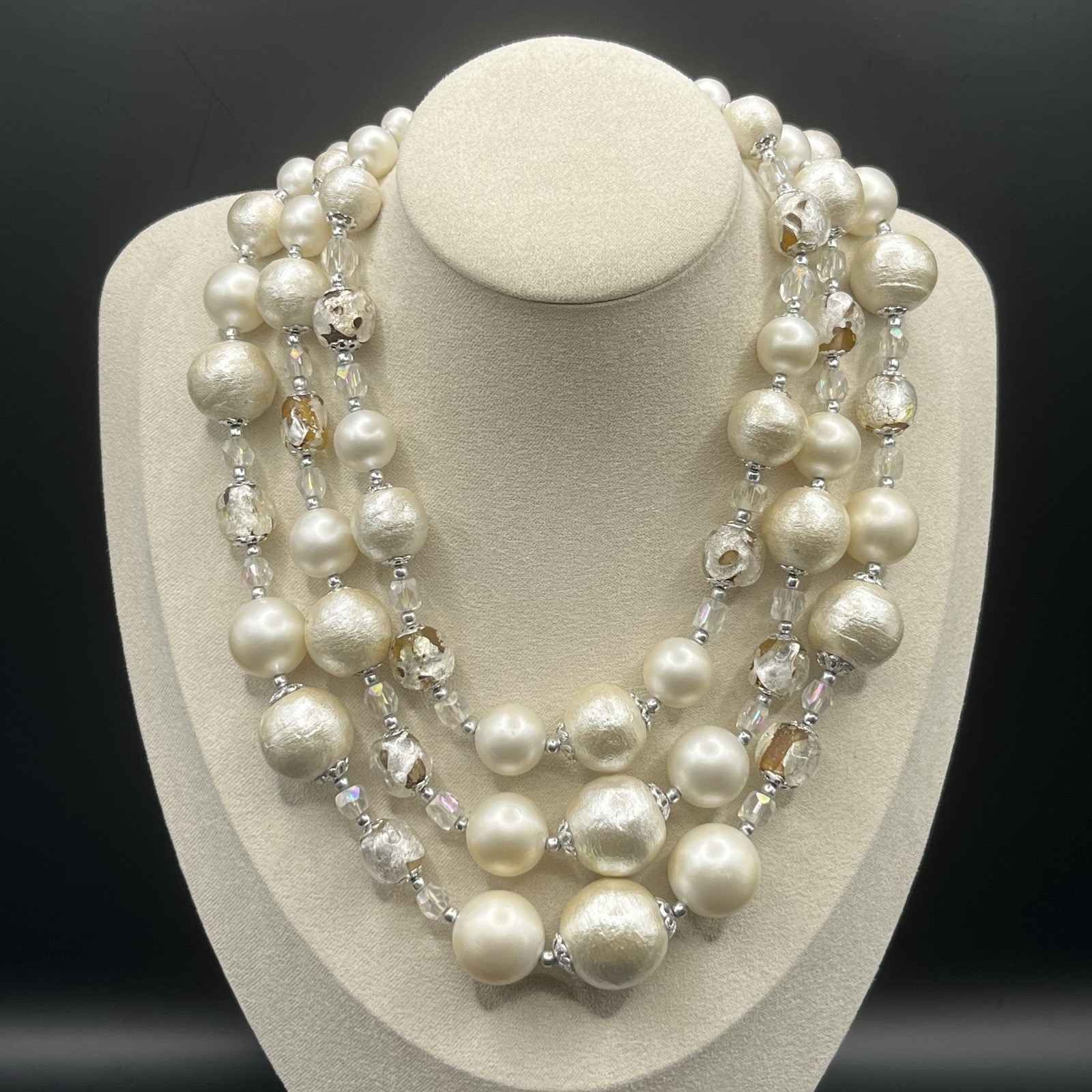 Vintage Japan Necklace Faux Pearls AB Beads Graduated Triple Strand *READ NOTES