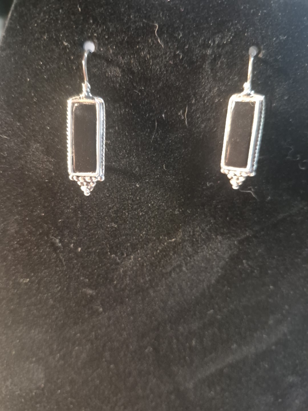 Vintage Sterling 925A Black Onyx rectangle Popcorn Bead Earrings 1.25″