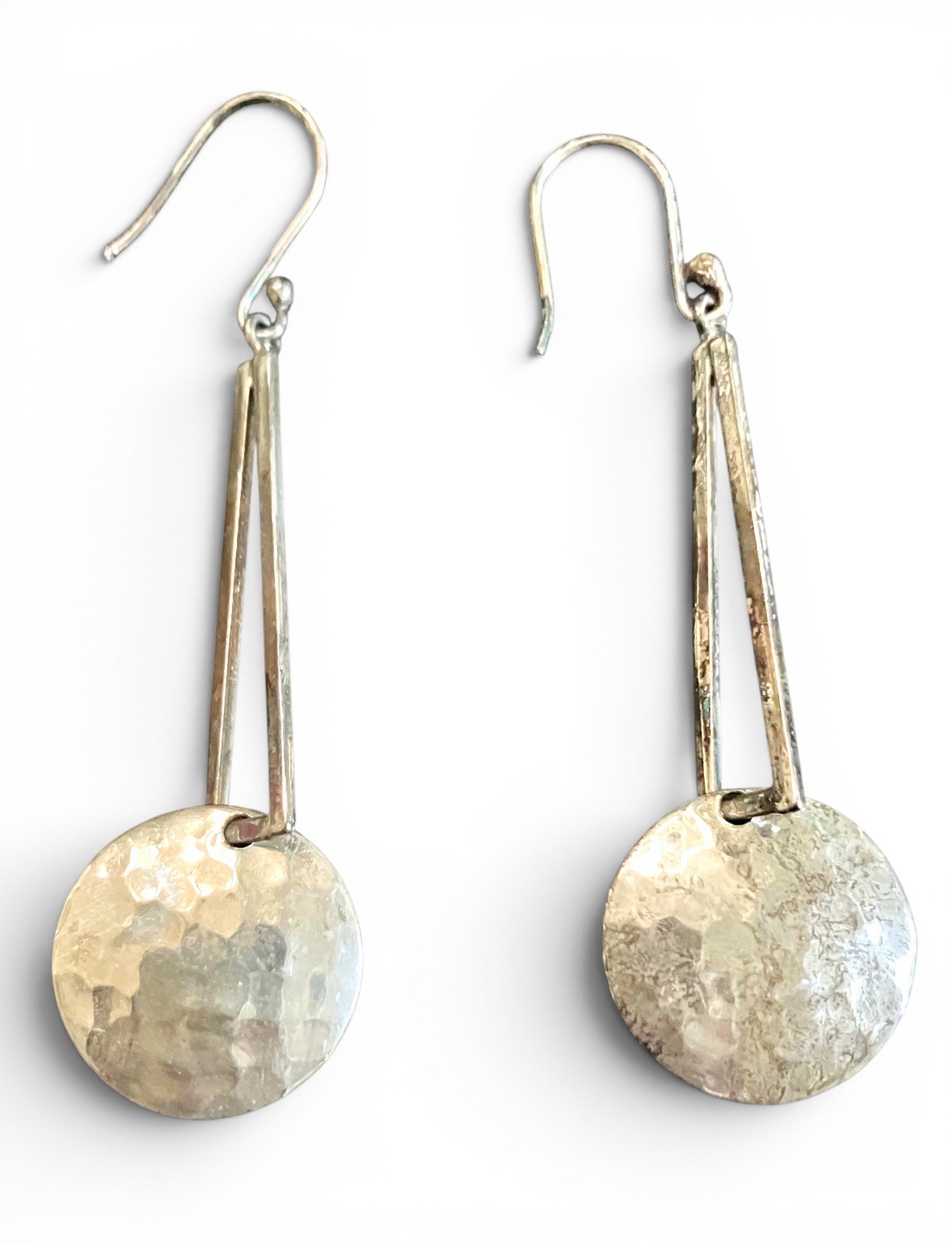 Vintage ATI Mexico Sterling Silver Hammered Modernist Dangle Geometric Earrings