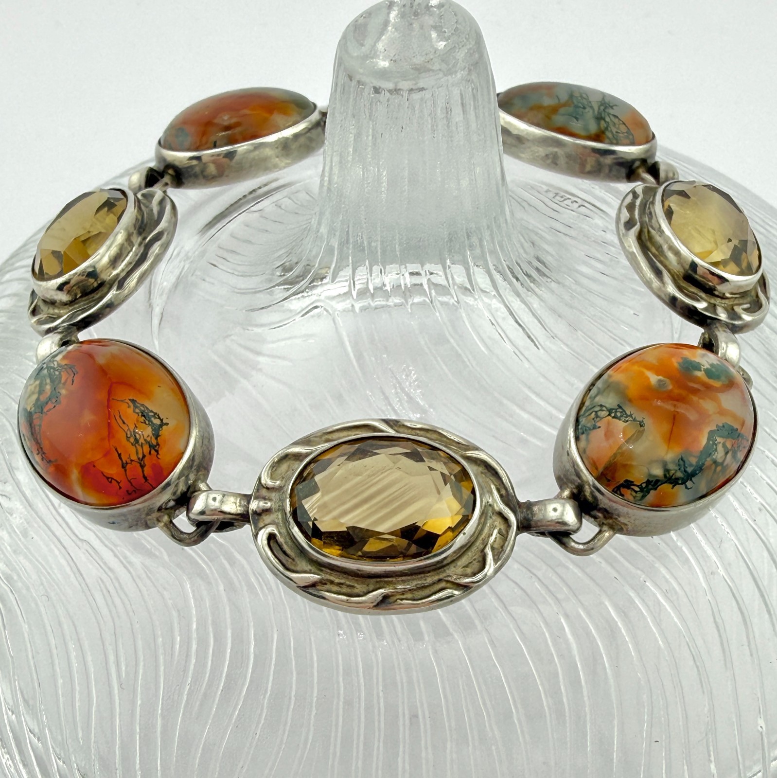 Stunning Vintage Scottish Sterling Silver Moss Agate &Faceted Cairngorm Bracelet