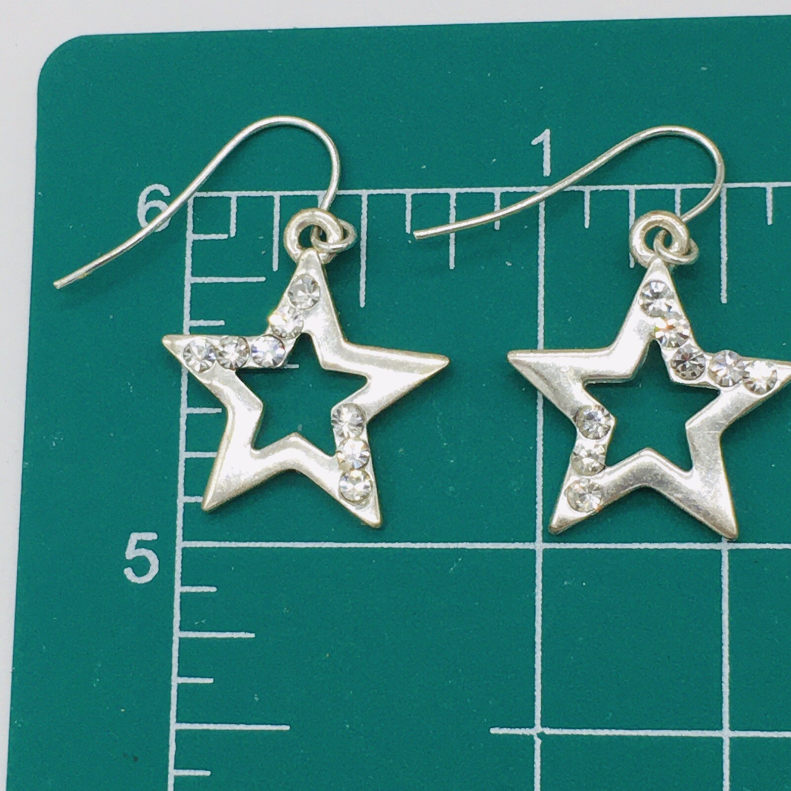 Silver Tone Star Rhinestone Dangle Earrings Approx .9″