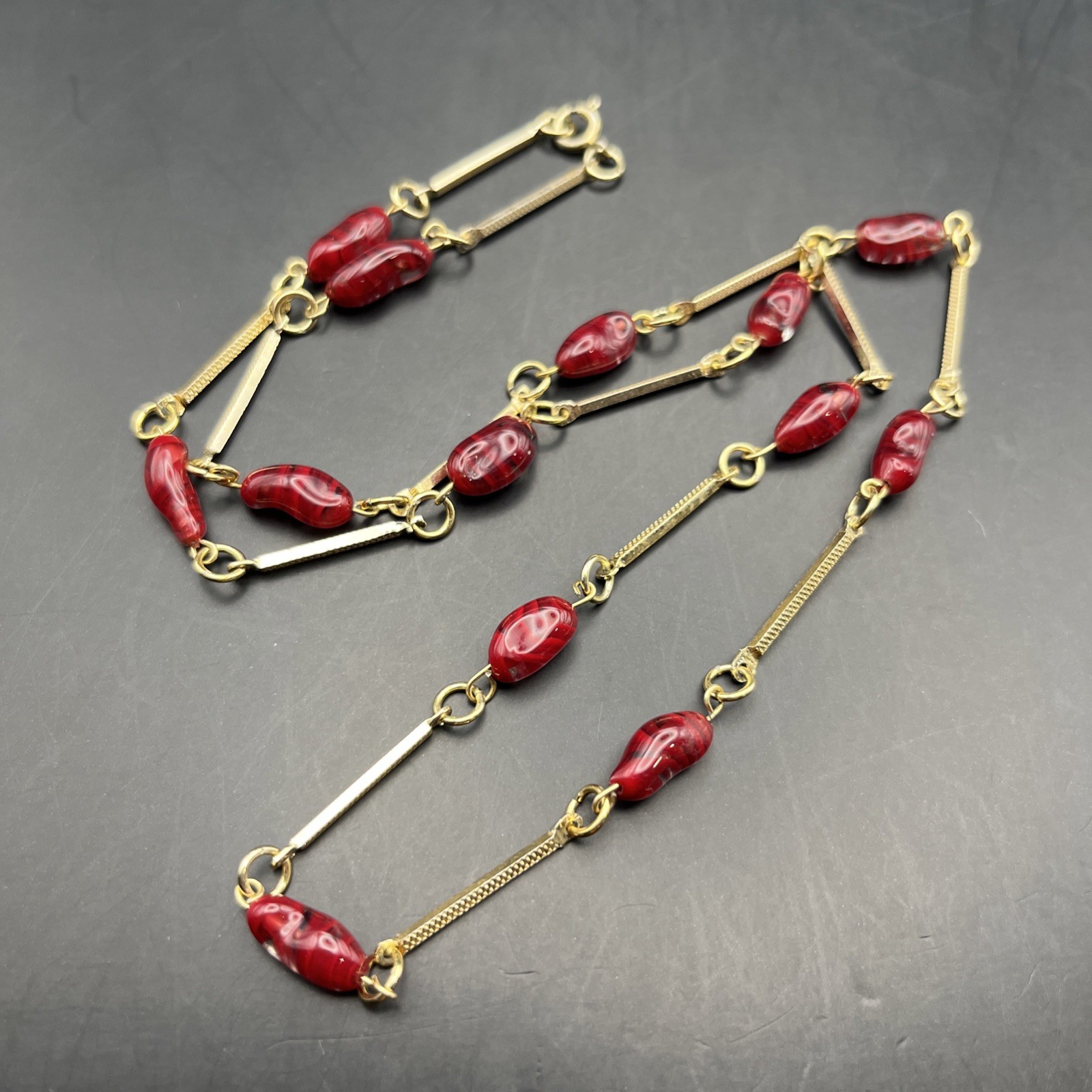 Long Art Glass Station Necklace Bar Link Red Gold Tone 26 Inch Classic Vintage