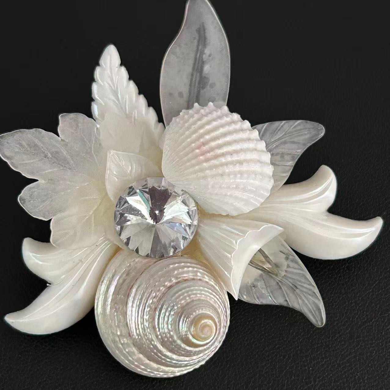 Vintage Sea Shell Acrylic Brooch Large Statement Tropical Beach Rhinestone Pin