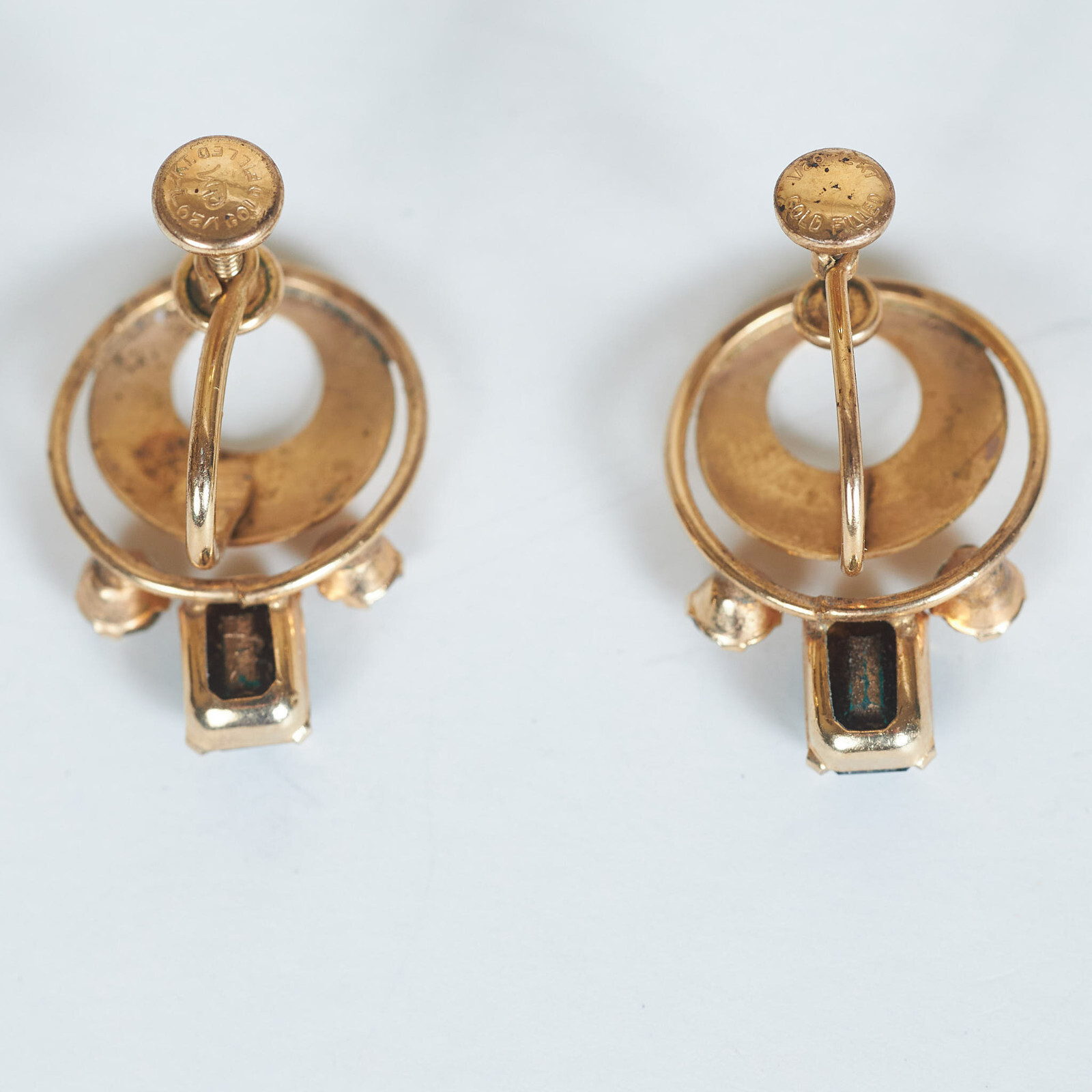 1940s/50s CARL MAYR CM 1/20 12K GF Green Clear Rhinestone Screw back Earrings