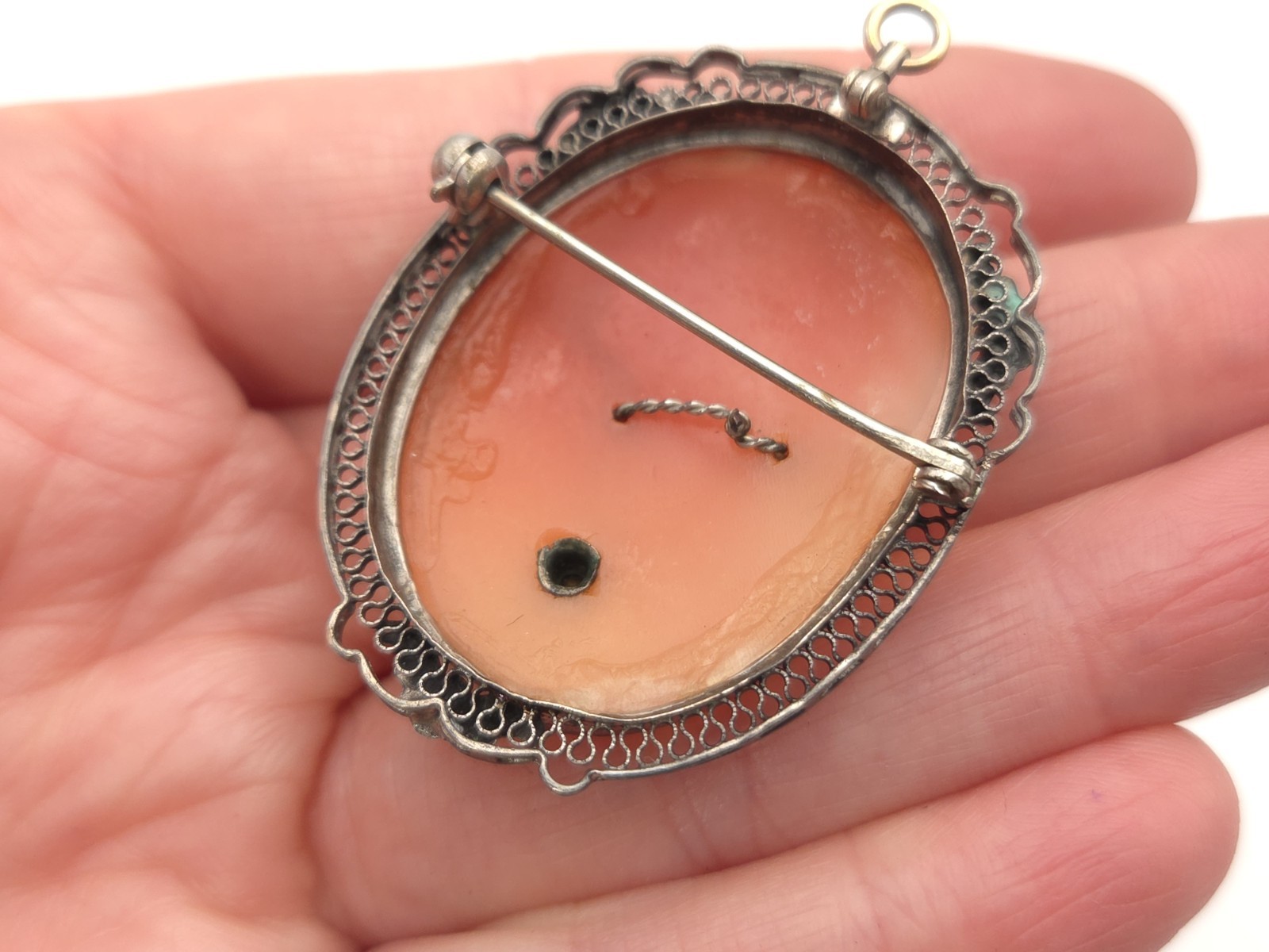 Art Deco Sterling Silver Carved Shell Habille Cameo Paste Stone Brooch Pendant