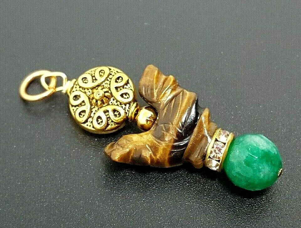 Vintage Natural Jade Tiger Eye Carved Chicken Hen Rhinestone GP Pendant