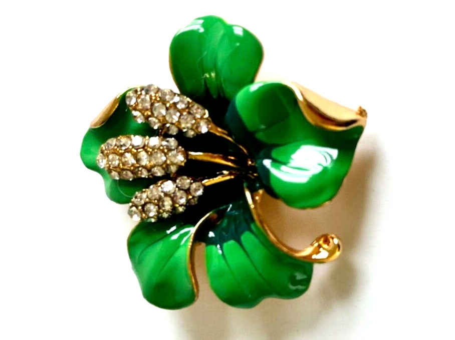 Bright & Dark Green Enamel Rhinestones Hibiscus Flower Brooch Contemporary