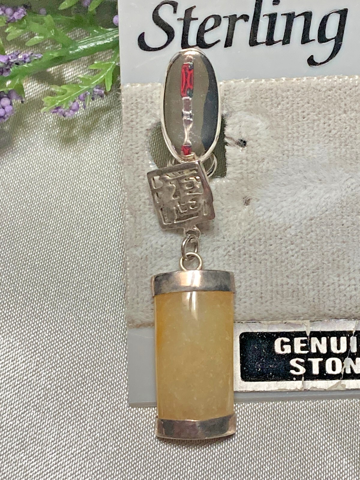 Beautiful Vintage Amber Jade Sterling Silver Asian Theme Dangle Drop Earrings