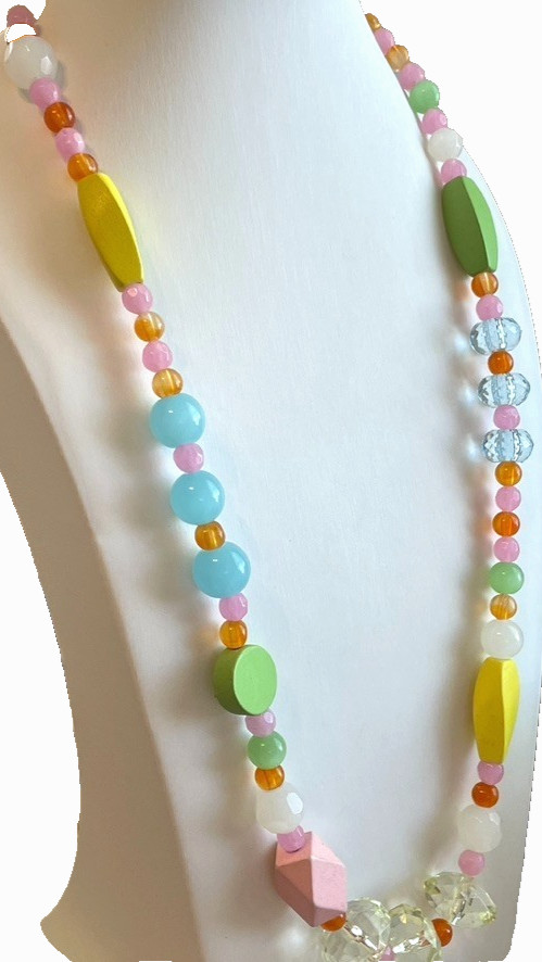 EsMor Beaded Necklace Glass Wood Stone 26″ Statement Bright Candy Colors Jewelry
