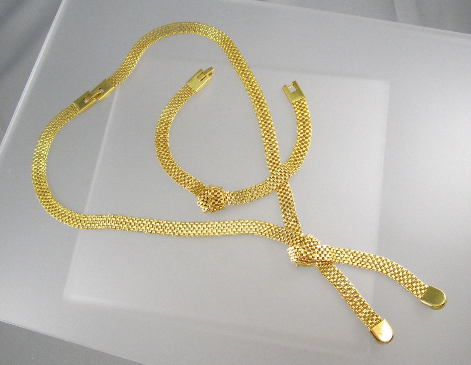 Vontage Gold Tone Metal Knotted Mesh link Chain SET Necklace & Bracelet 953