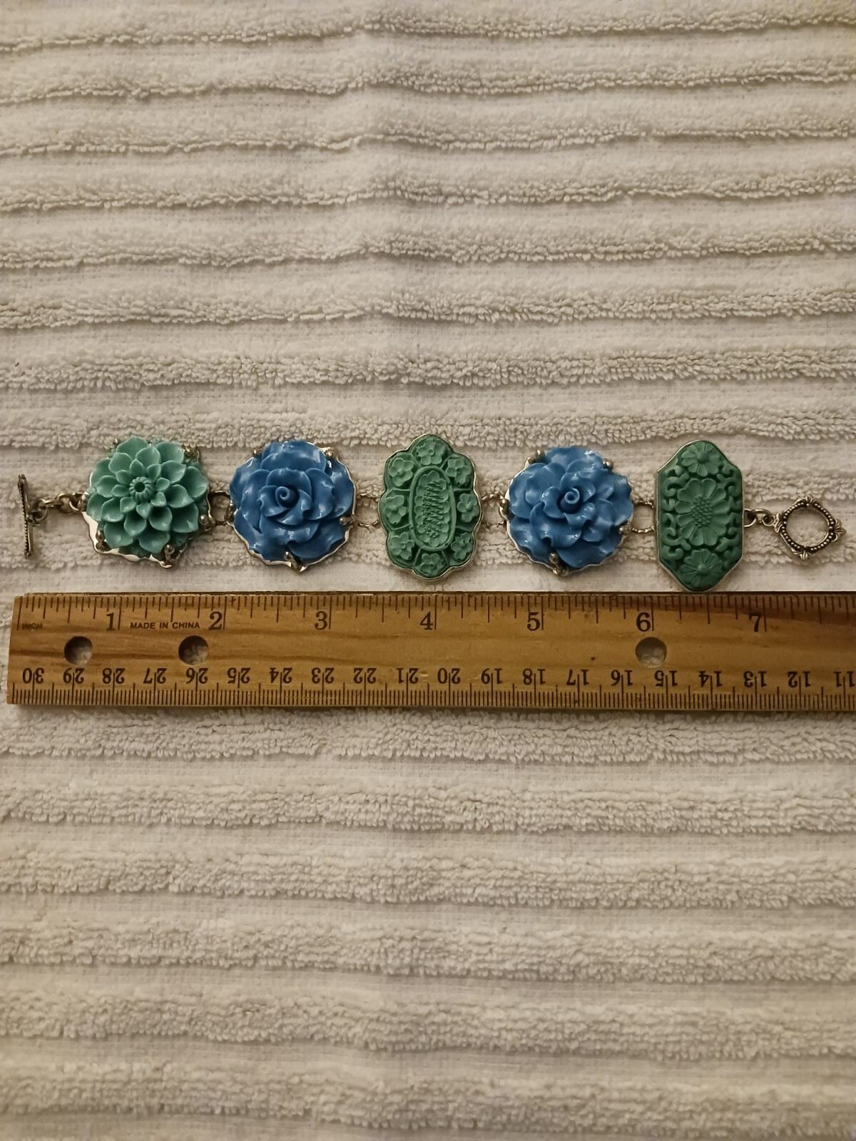 Amy Kahn Russell Green and Blue Carved Flower Bracelet