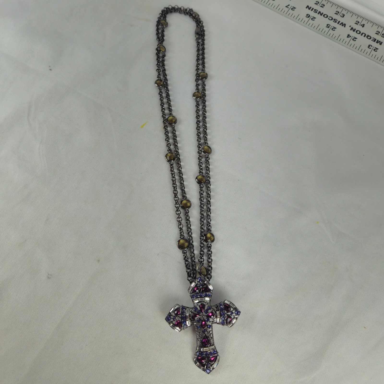 Real Collectibles by Adrienne Purple Crystal Gemstone Cross + 50″ Necklace VTG
