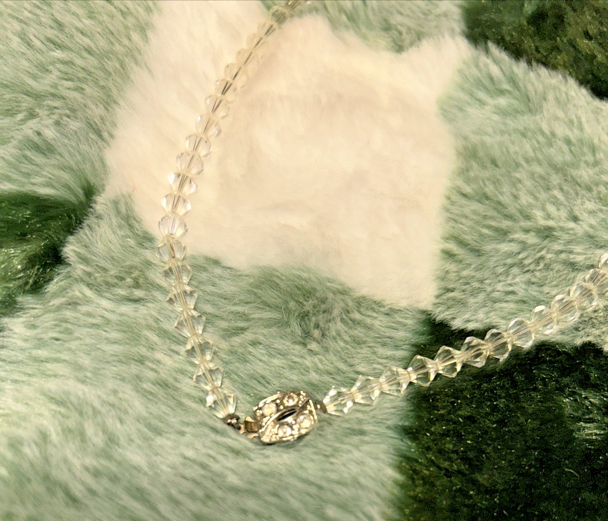 Vintage Faceted Clear Crystal Beaded Necklace, Aurora Borealis, Bi Cone Cut 19″