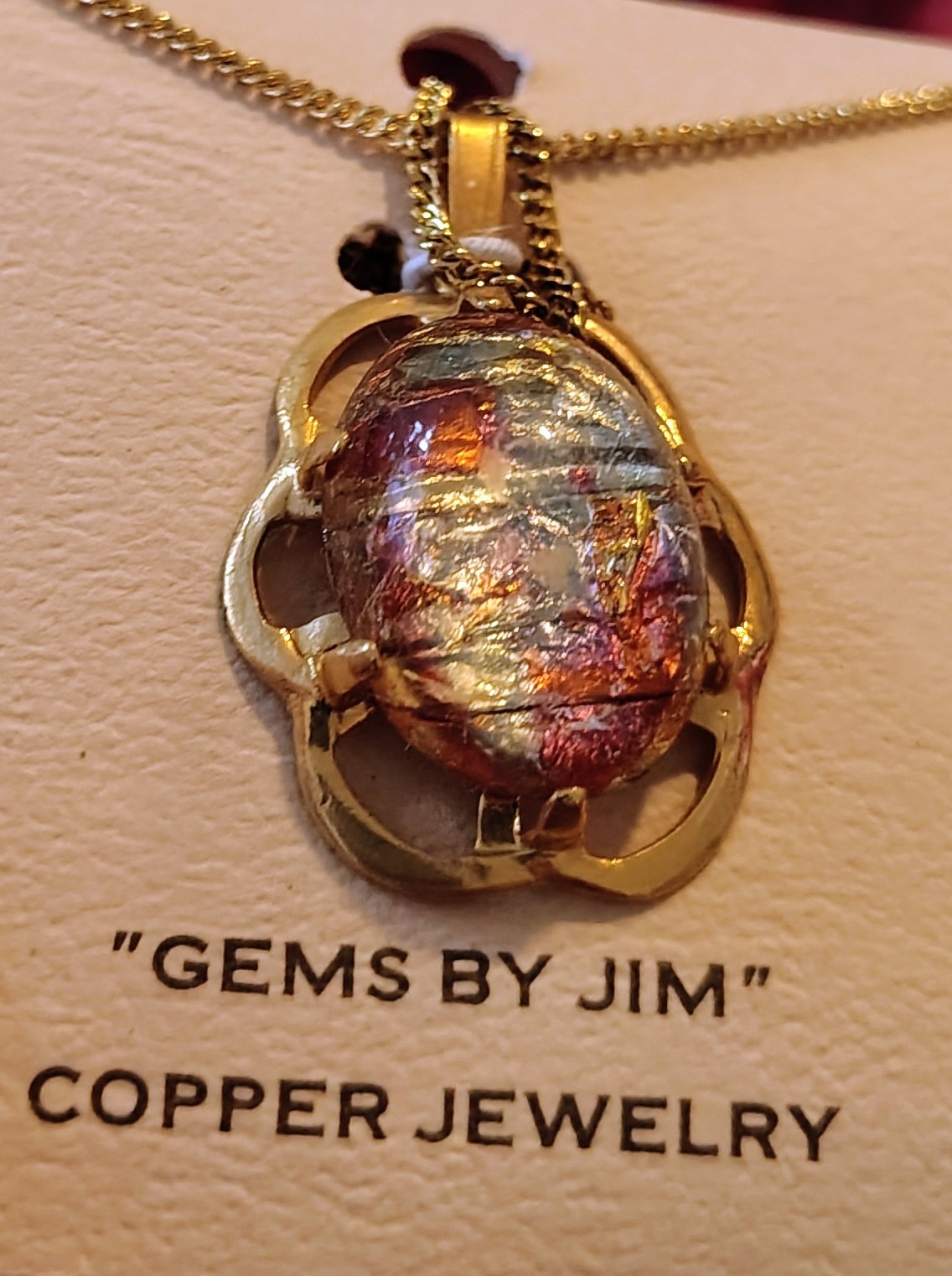 Vtg. Copper Necklace Pendant Gems by Jim 18″ chain dichroic jewelry NEW on card