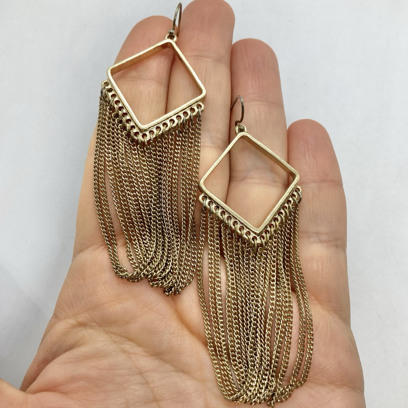 Vtg Fringe Chain Dangle Statement Earrings Gold Tn Hook Long Hoops