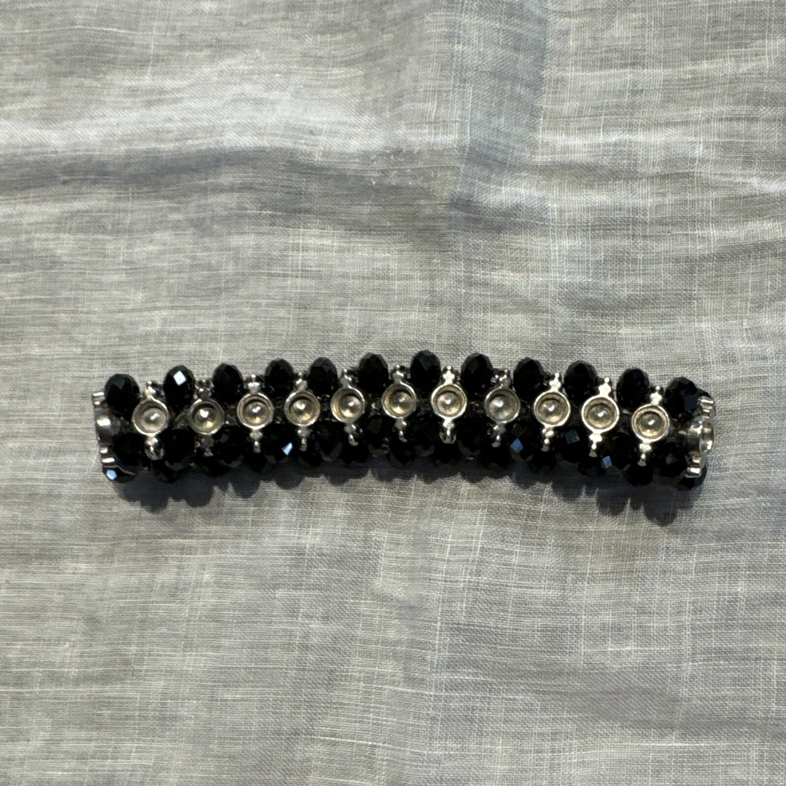 Vintage Black Glass Beaded Rhinestone Stretch Bracelet Jewelry TEH9-37