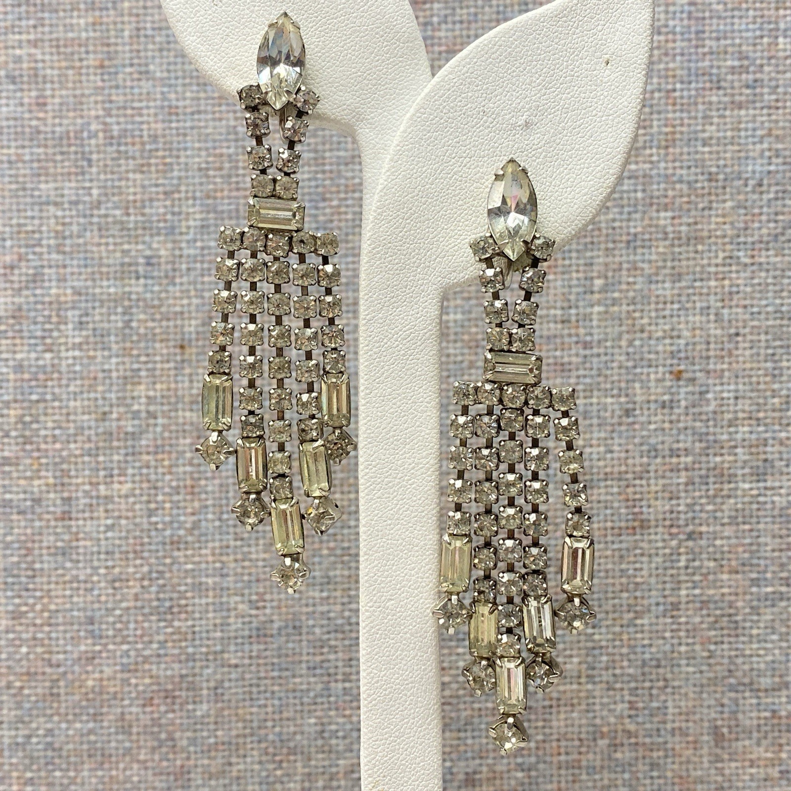 Vintage Rhinestone Clip On Earrings 3″ Drop 5 Strands Screw Back Old Money